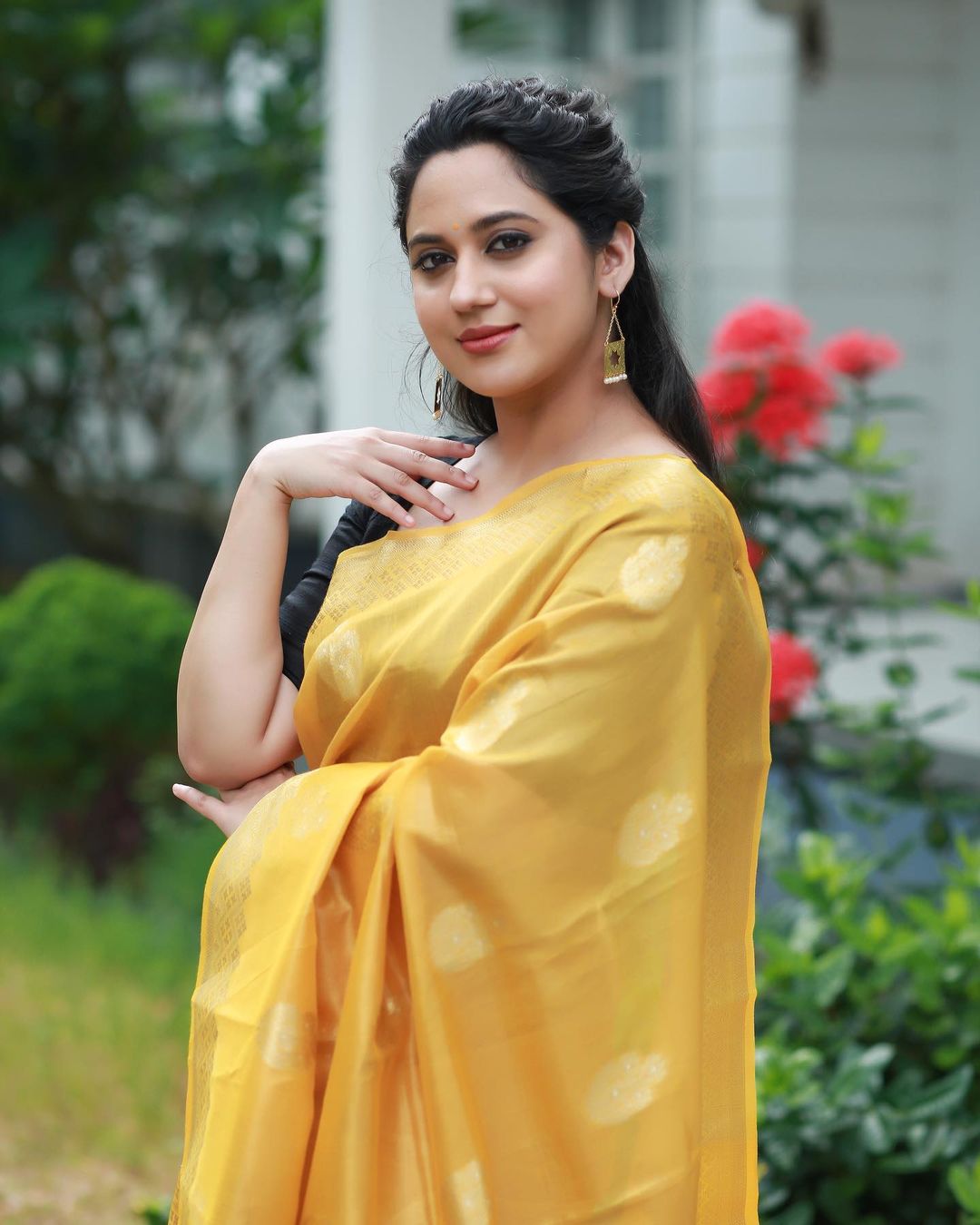 Malayalam Actress Miya George Stills in Yellow Saree Black Blouse